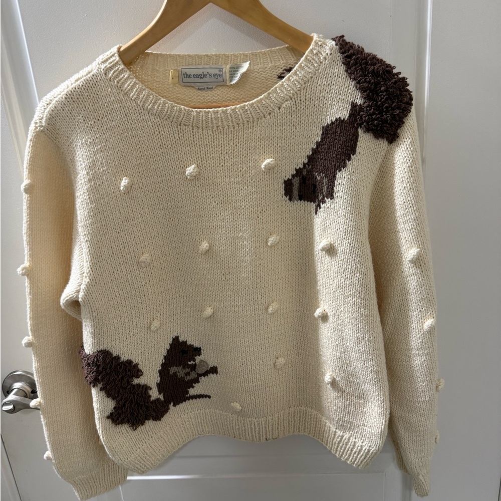 Vintage Eagles Eye 100%!Cotton Hand Knit Squirrel Motif Pom Poms Sweater SZ L